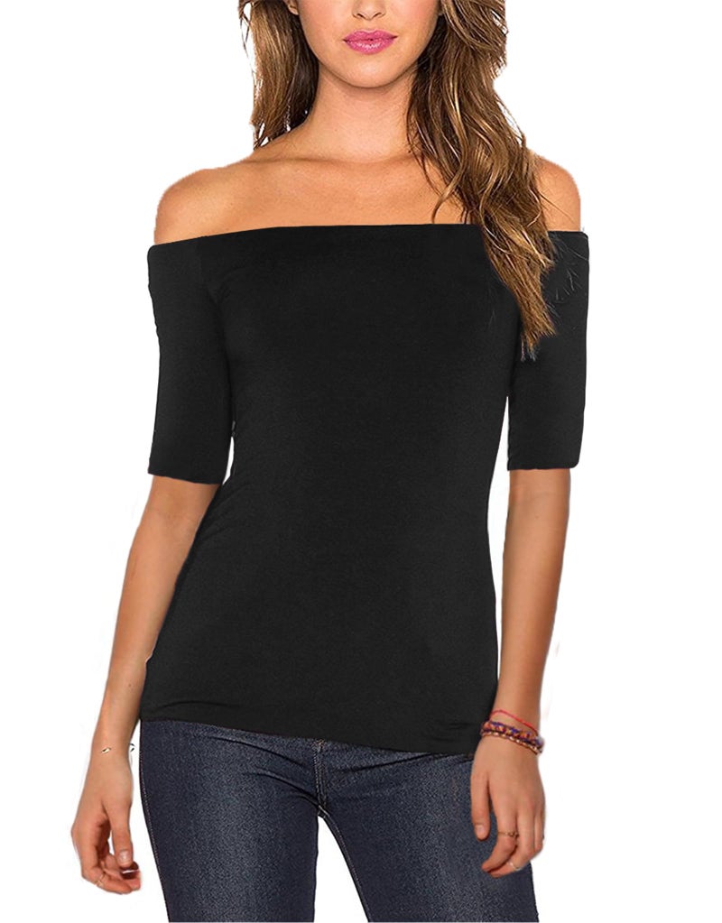 Sarin Mathews Women's Sexy Slim Fit Stretchy Off Shoulder Elbow Half Sleeve Blouse Tops Black XL - Image 1